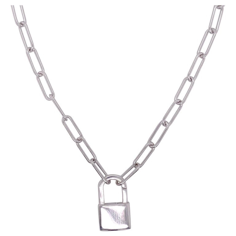 Sterling Silver Padlock Paperclip Necklace