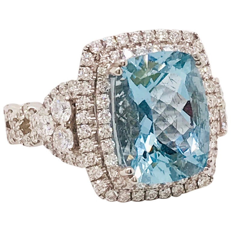 Aquamarine and Double Diamond Halo Ring – Five Star Jewelry Brokers