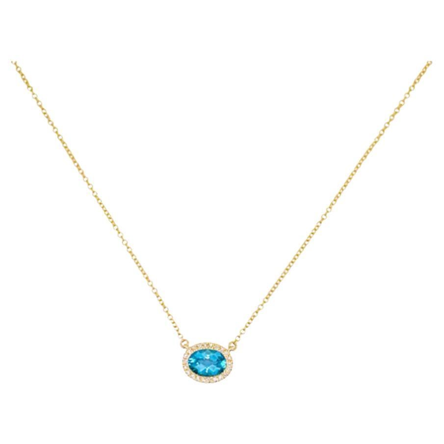 Horizontal Oval Blue Topaz and Diamond Halo Necklace – Five Star