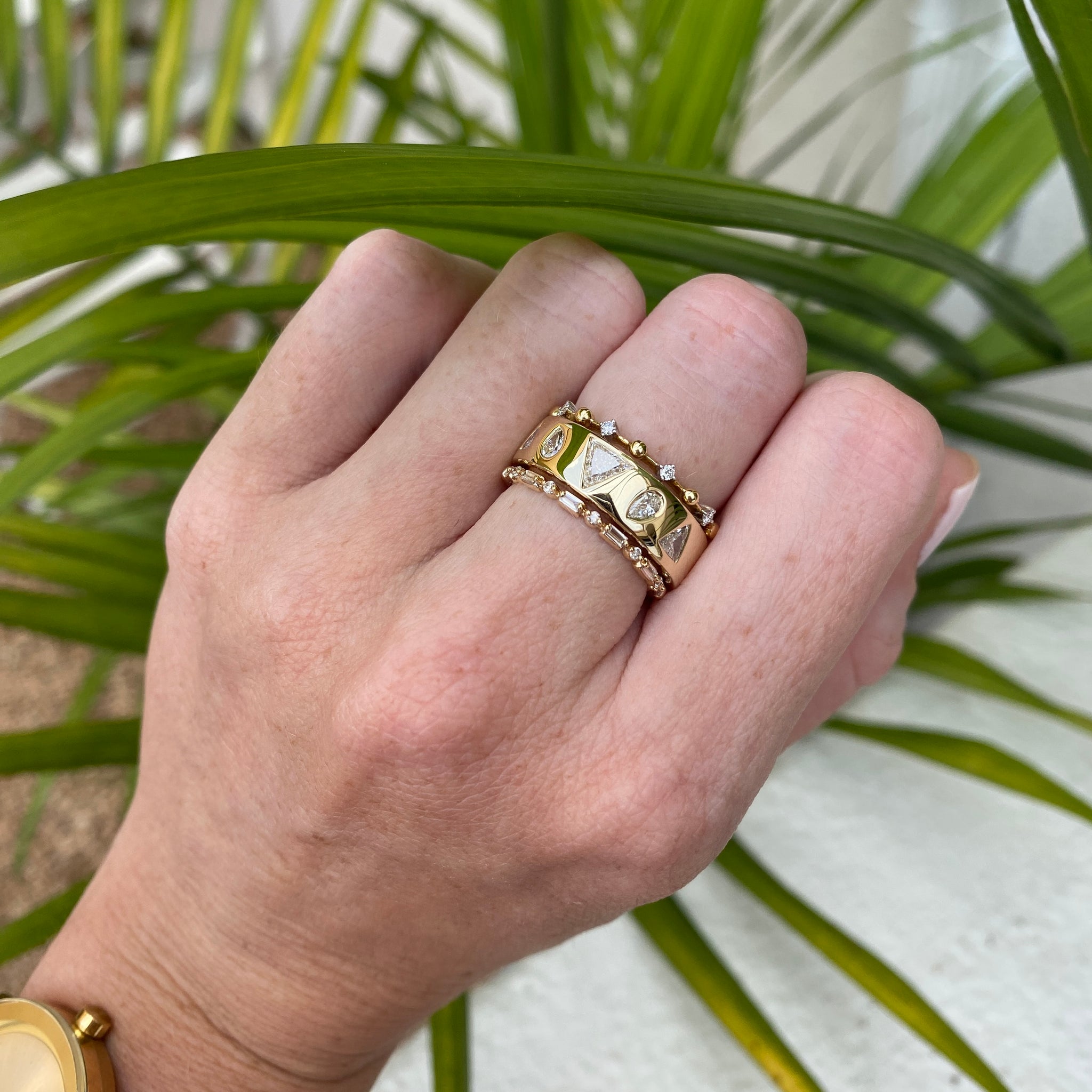 14k Yellow Gold Cigar Band with Pear and Trillion Cut Natural Diamonds