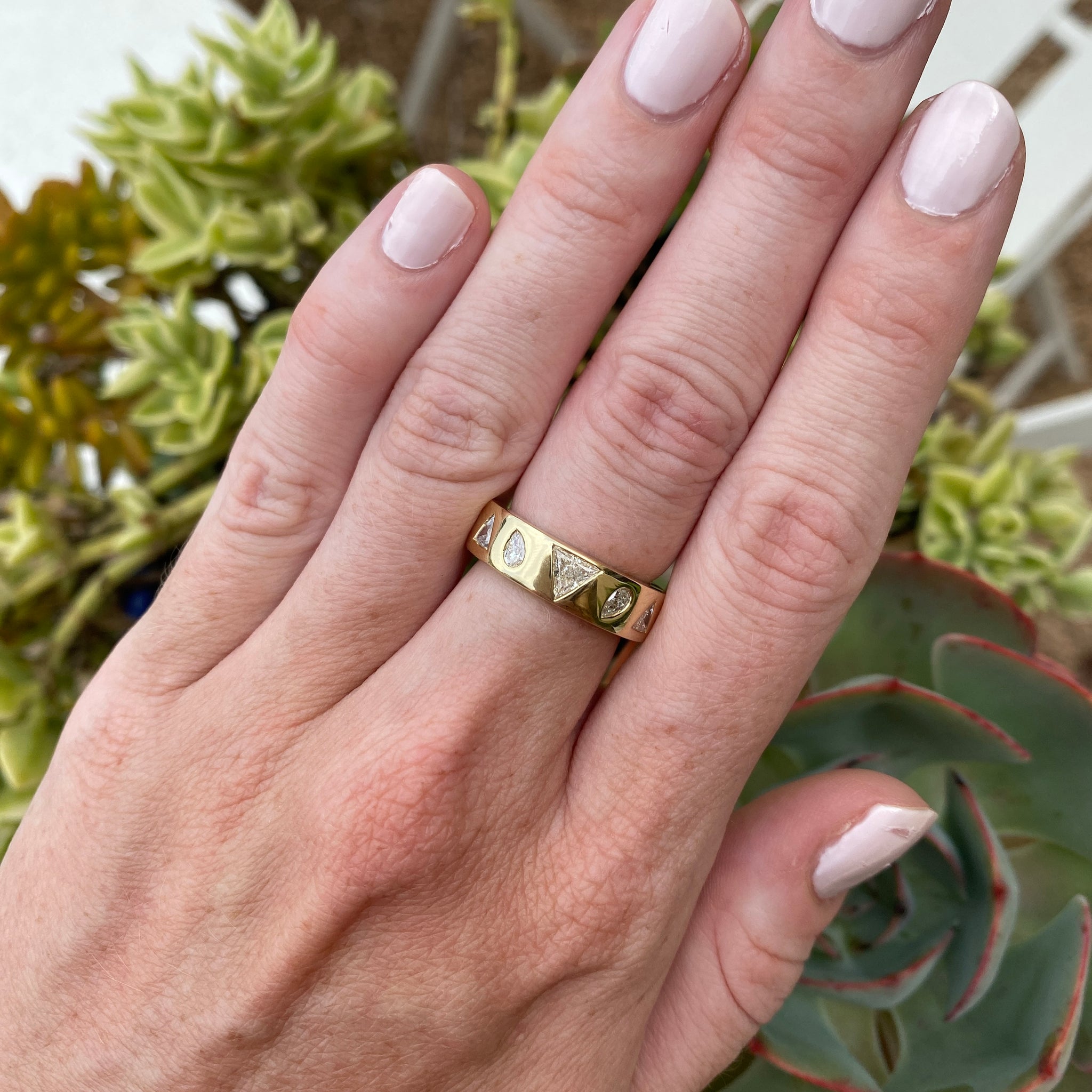 14k Yellow Gold Cigar Band with Pear and Trillion Cut Natural Diamonds