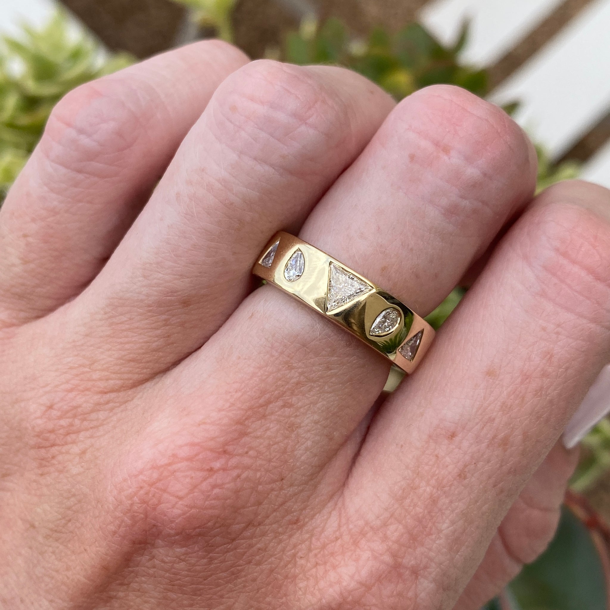 14k Yellow Gold Cigar Band with Pear and Trillion Cut Natural Diamonds