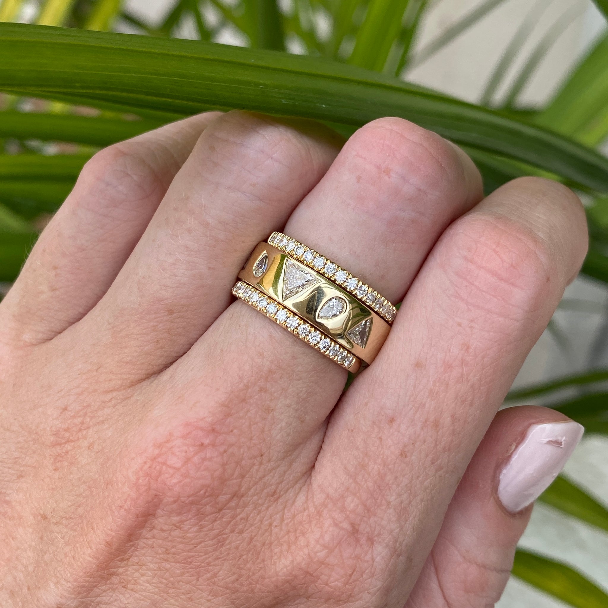 14k Yellow Gold Cigar Band with Pear and Trillion Cut Natural Diamonds