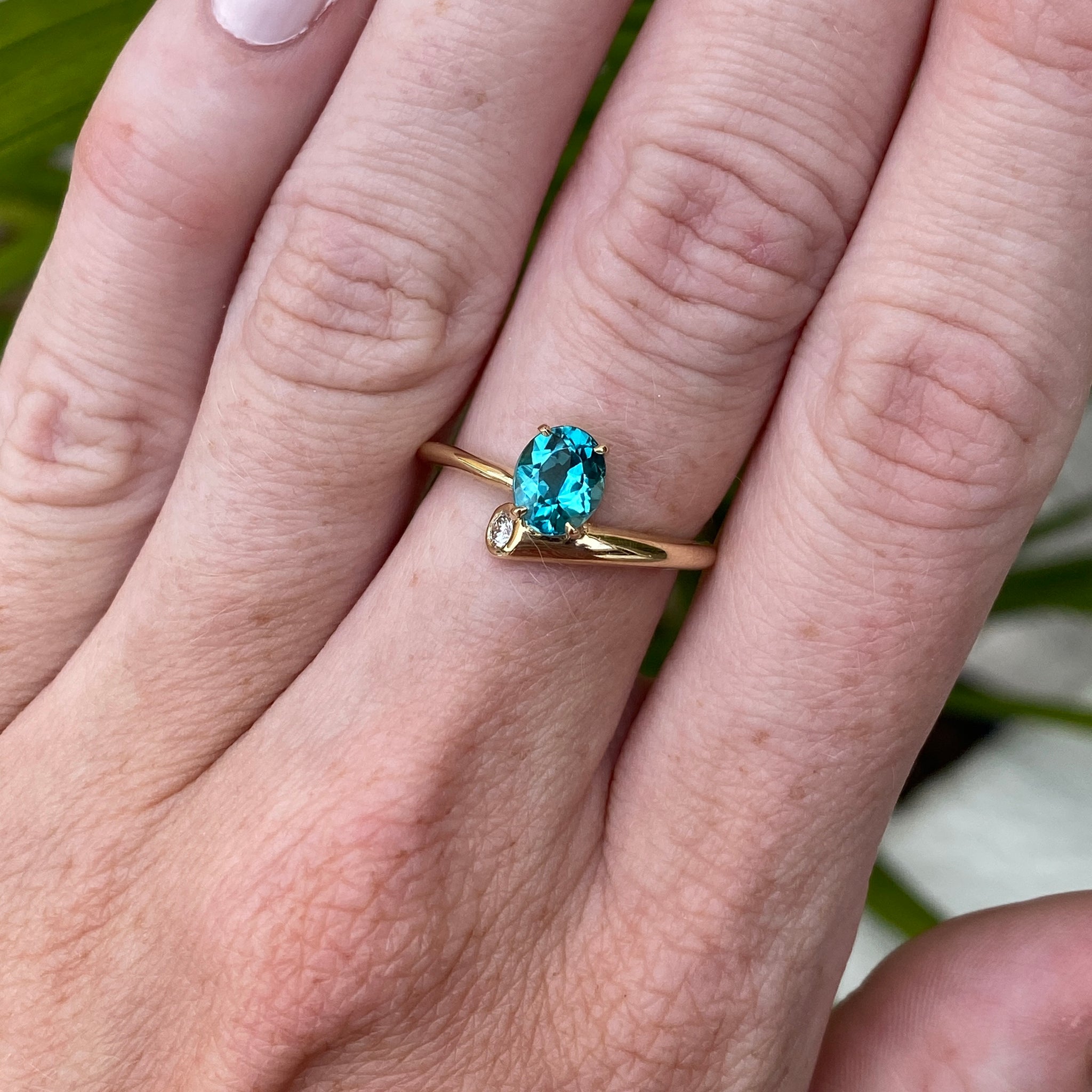 14k Yellow Gold Blue Tourmaline with Bezel Set Accent Diamond Ring