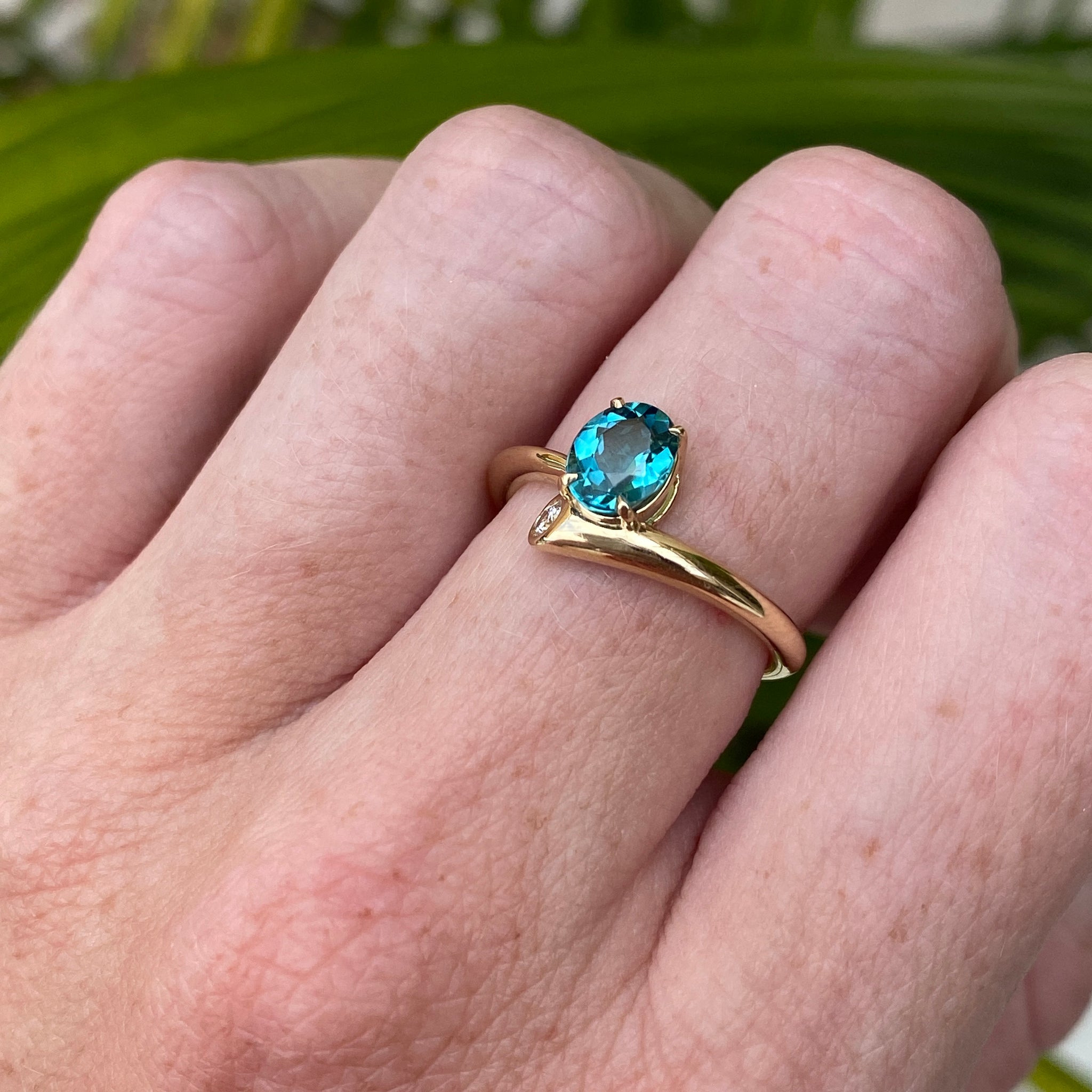 14k Yellow Gold Blue Tourmaline with Bezel Set Accent Diamond Ring