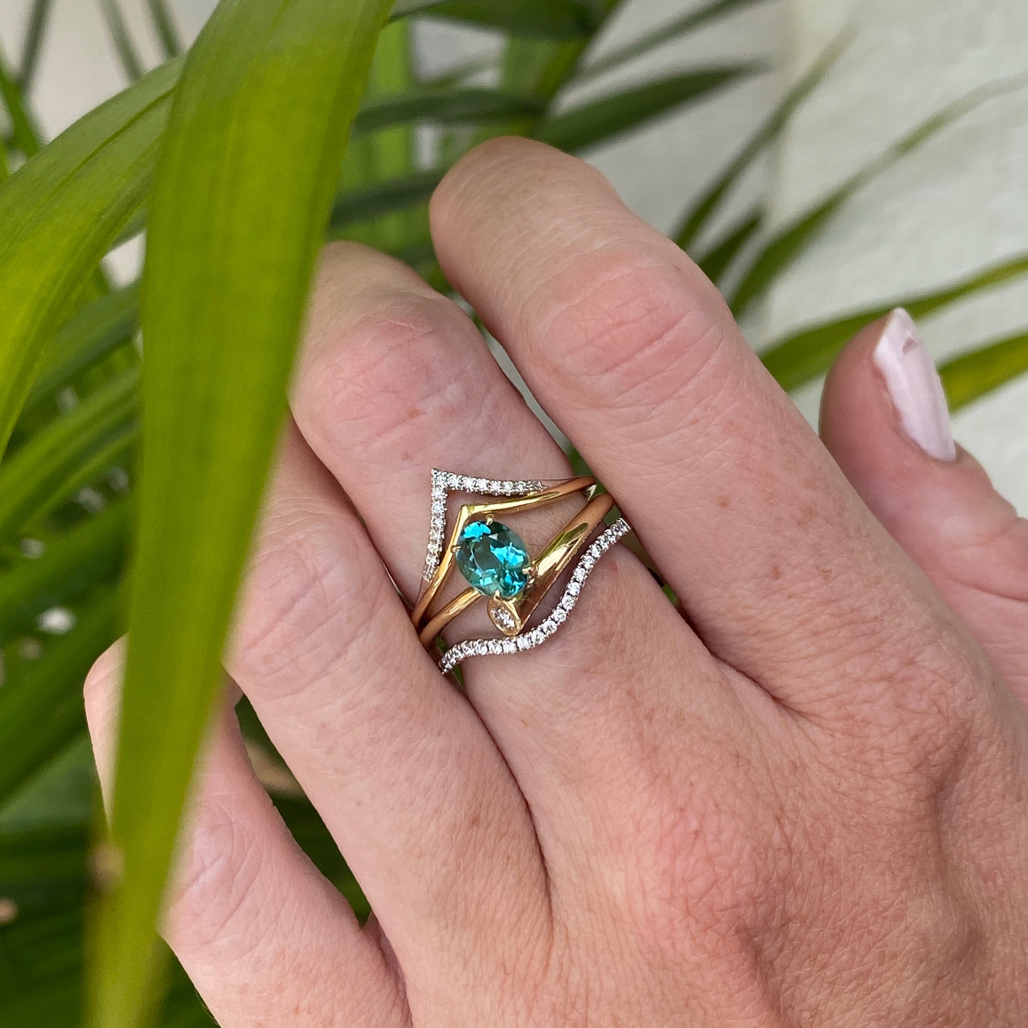 14k Yellow Gold Blue Tourmaline with Bezel Set Accent Diamond Ring