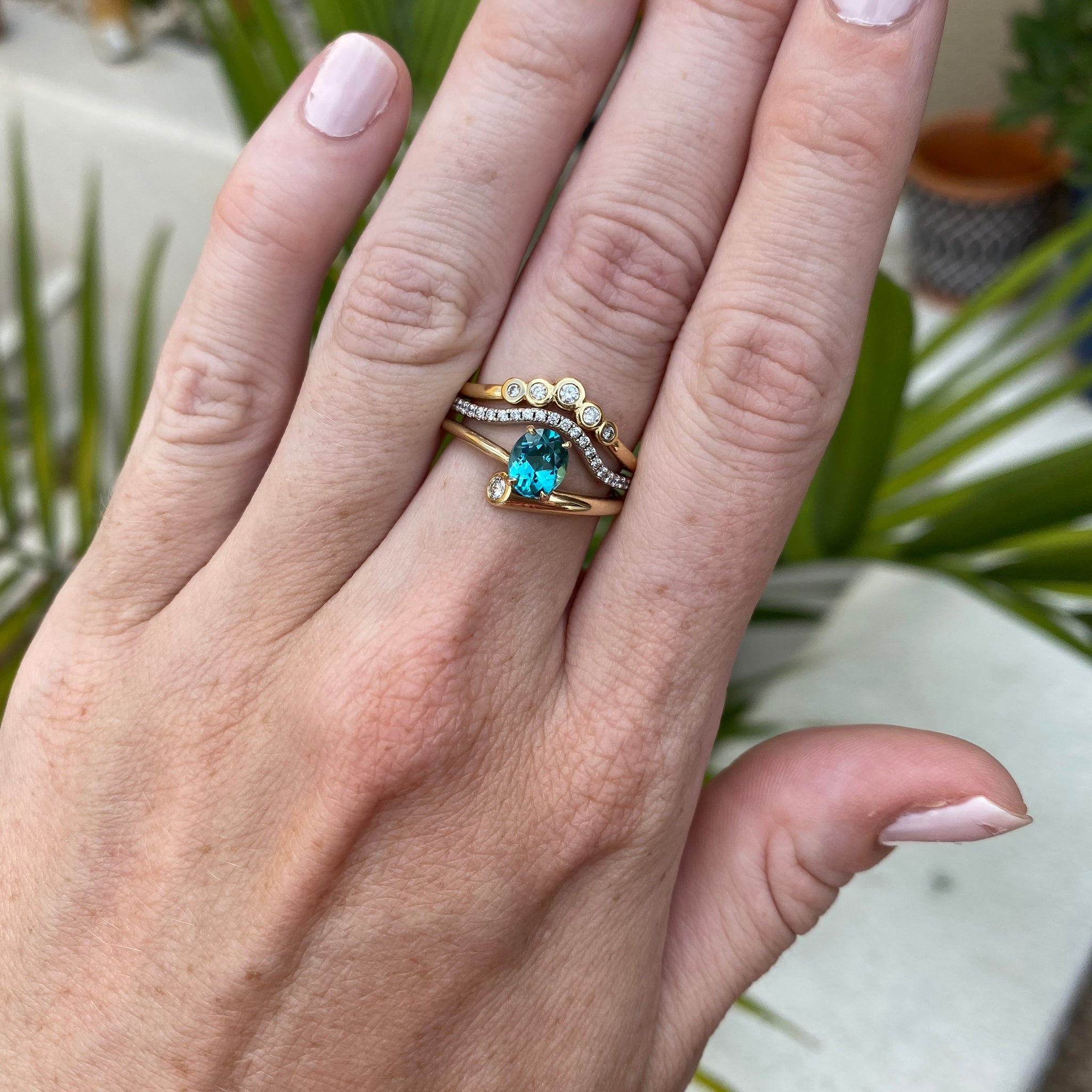 14k Yellow Gold Blue Tourmaline with Bezel Set Accent Diamond Ring