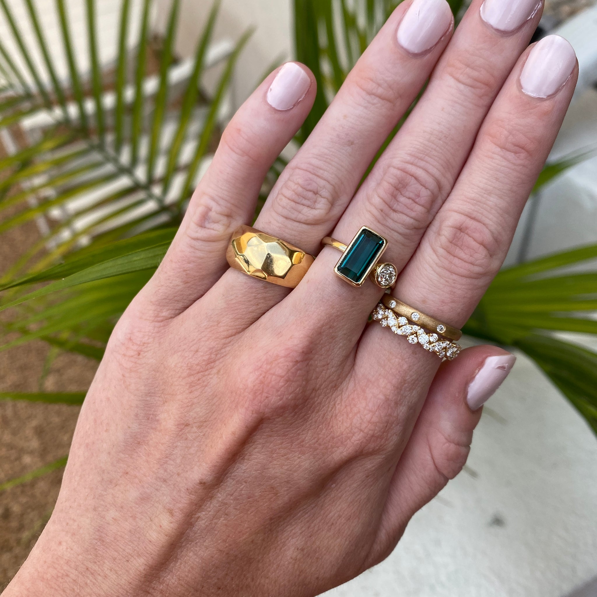 14k Yellow Gold Green Tourmaline and Old European Cut Diamond Bezel Set Ring