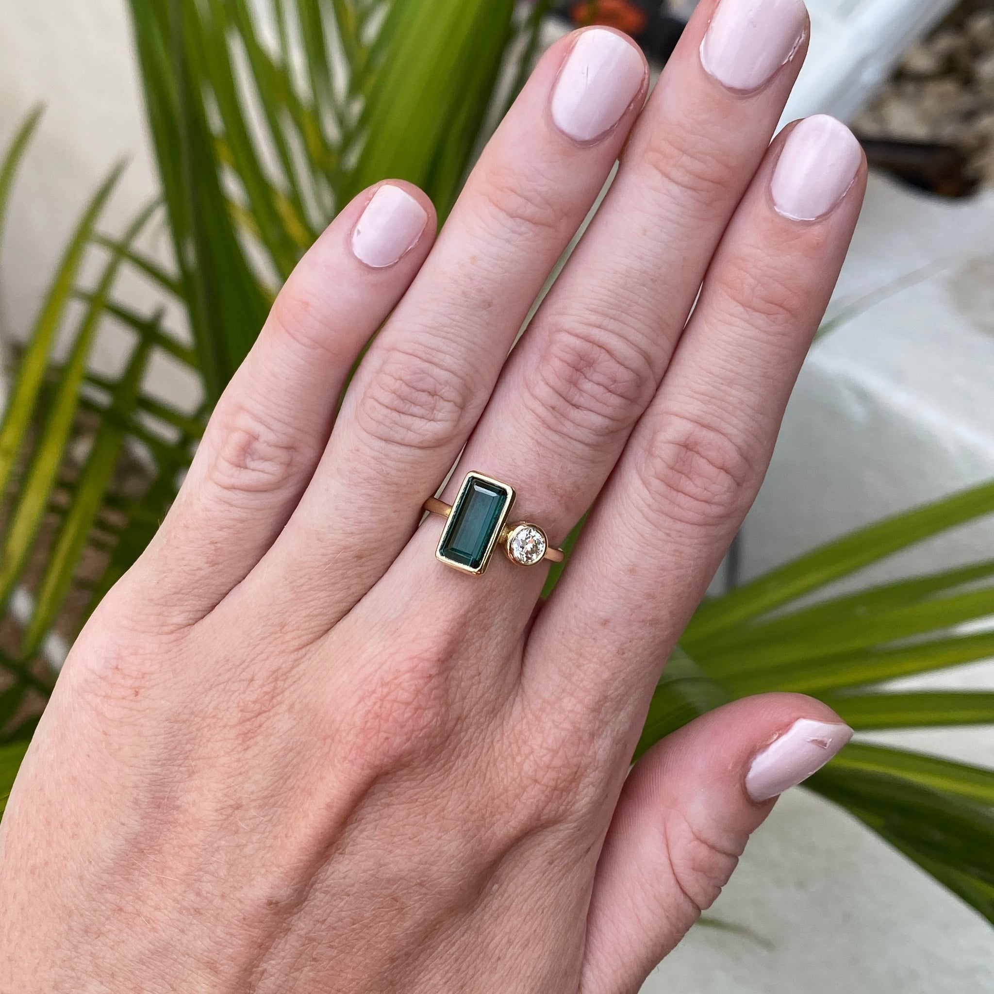 14k Yellow Gold Green Tourmaline and Old European Cut Diamond Bezel Set Ring