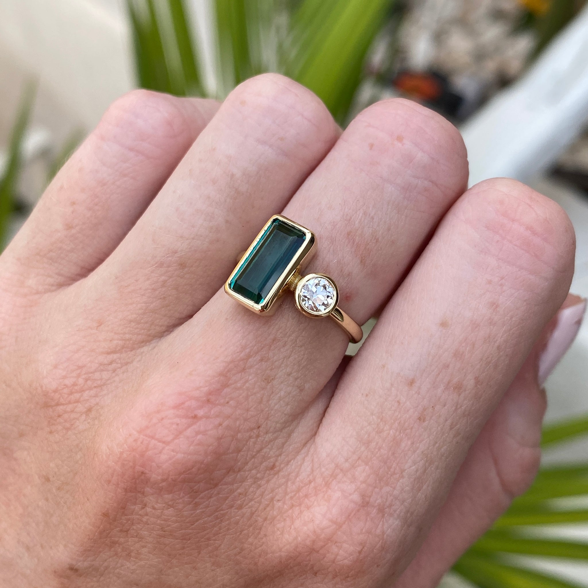 14k Yellow Gold Green Tourmaline and Old European Cut Diamond Bezel Set Ring