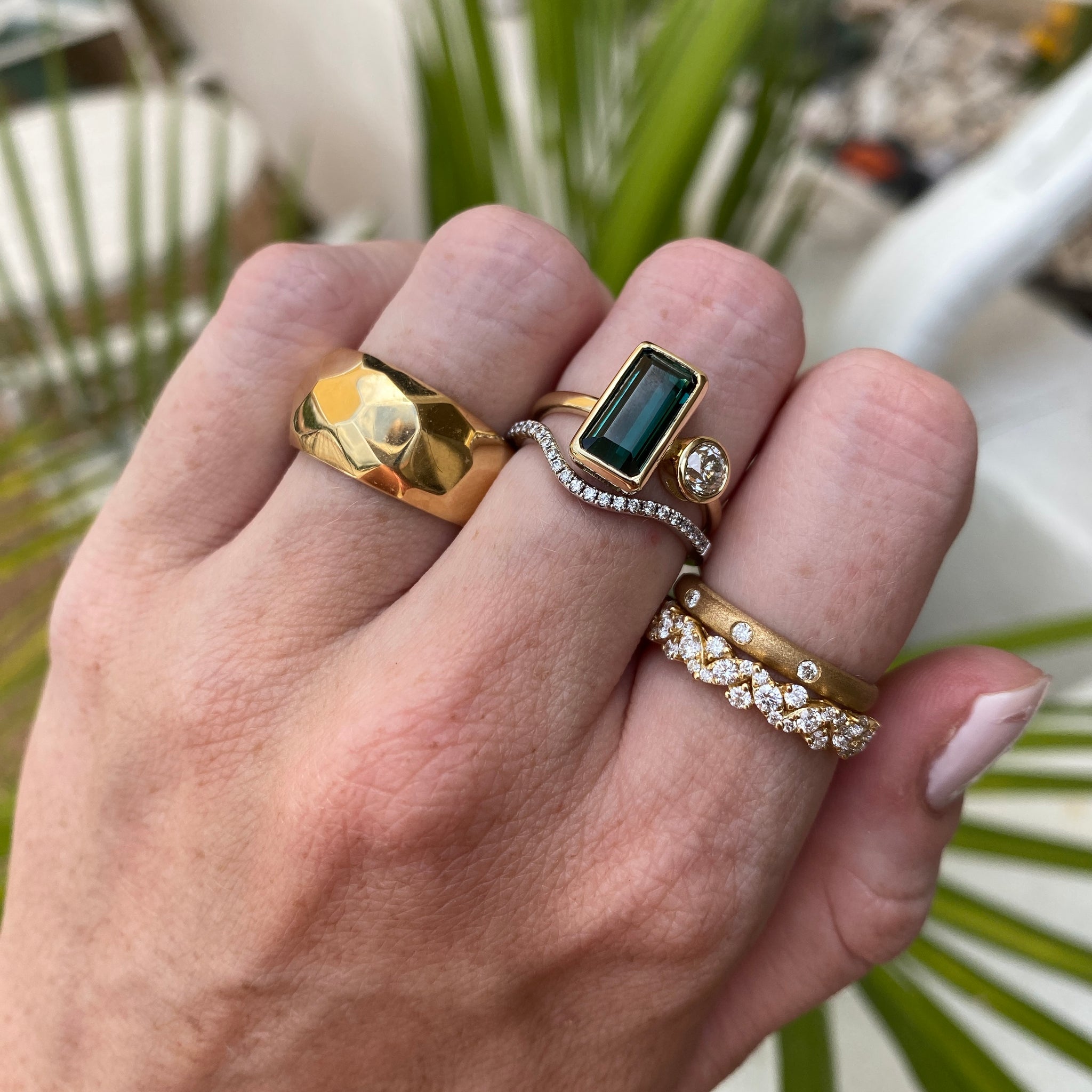 14k Yellow Gold Green Tourmaline and Old European Cut Diamond Bezel Set Ring
