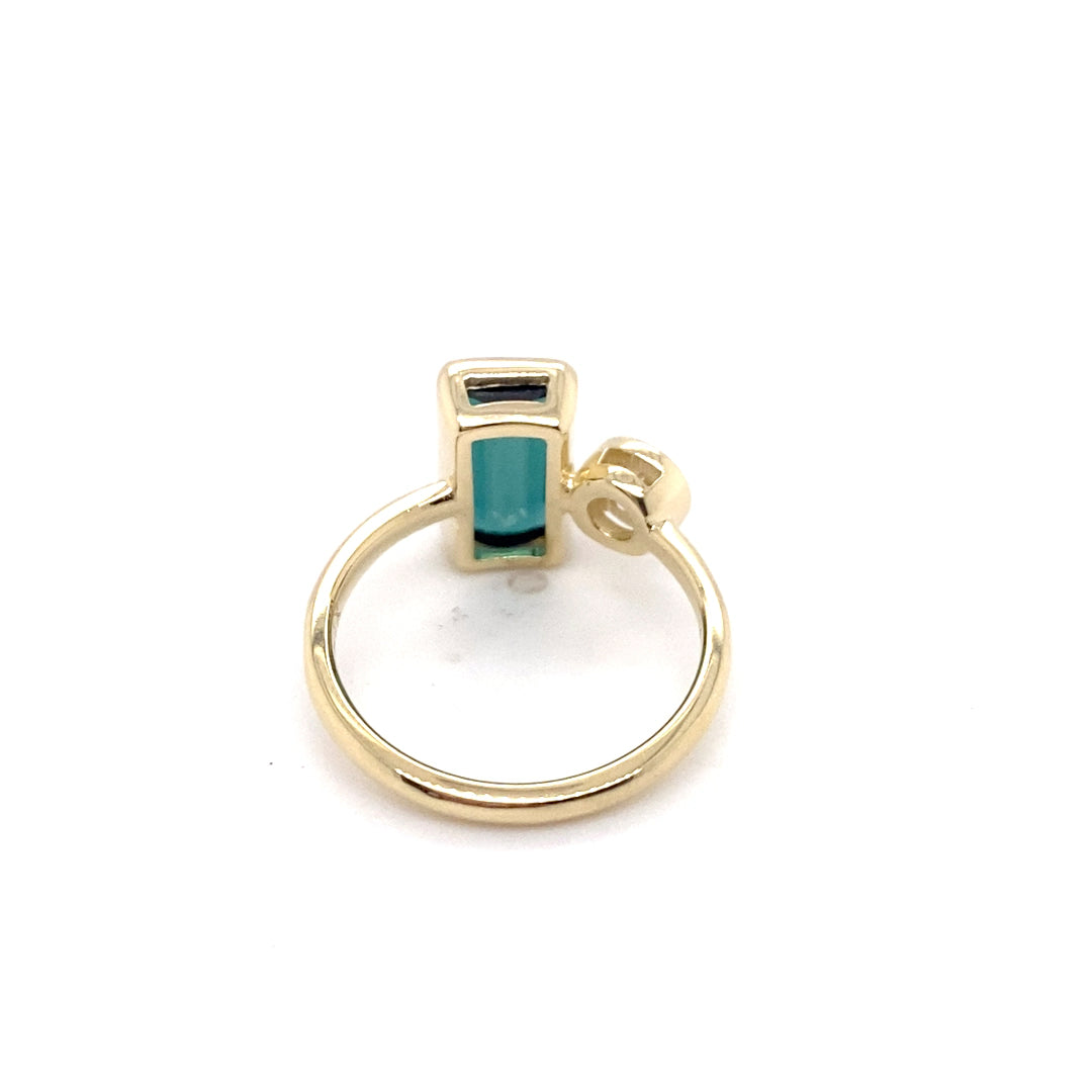 14k Yellow Gold Green Tourmaline and Old European Cut Diamond Bezel Set Ring
