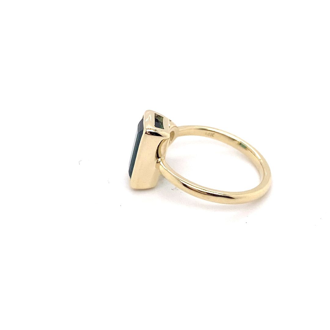 14k Yellow Gold Green Tourmaline and Old European Cut Diamond Bezel Set Ring