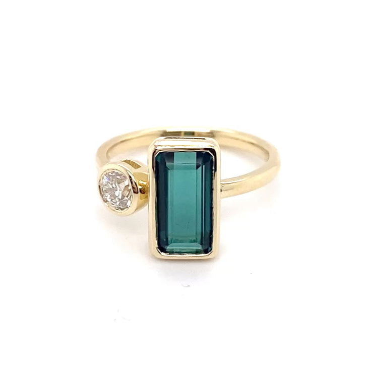 14k Yellow Gold Green Tourmaline and Old European Cut Diamond Bezel Set Ring