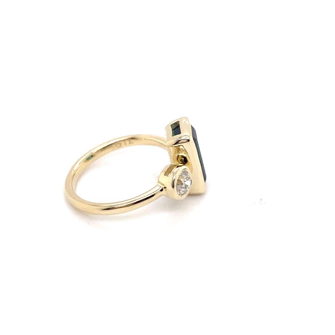 14k Yellow Gold Green Tourmaline and Old European Cut Diamond Bezel Set Ring
