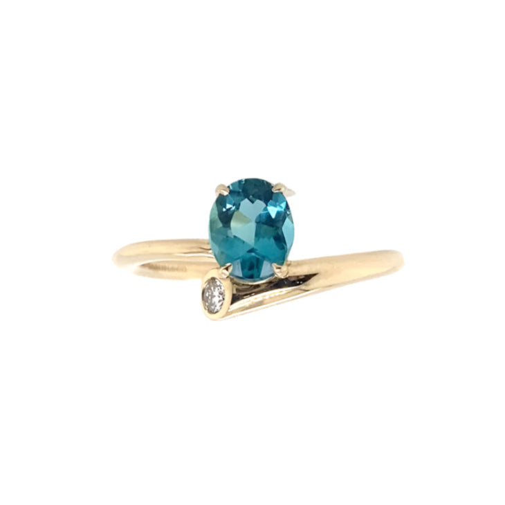 14k Yellow Gold Blue Tourmaline with Bezel Set Accent Diamond Ring