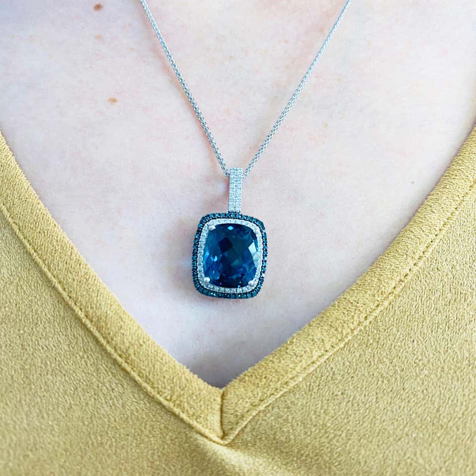10.6 Carat London Blue Topaz Blue and White Diamond Necklace