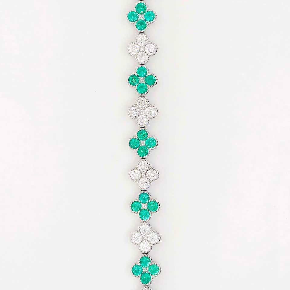 Solid 14K White Gold Diamond and Emerald Green May Gemstone Gemstone  Bracelet with Secure Lobster Lock Clasp 7