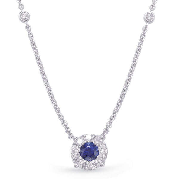 14 kt White Gold Sapphire and Diamond Halo Necklace with Two Stations. 