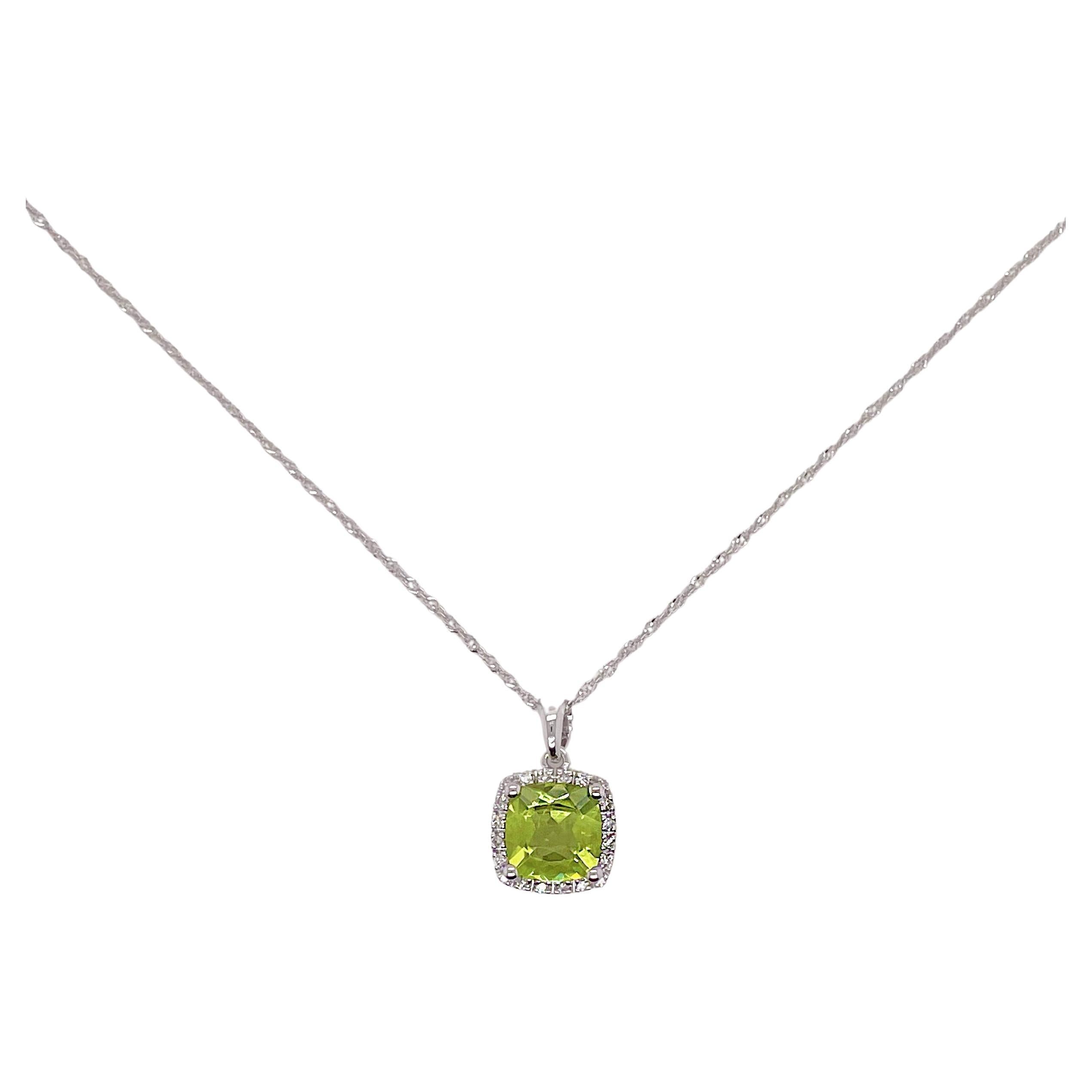 Natural Peridot and Diamond Necklace, 14k Solid Gold Necklace, 0.75 Ca