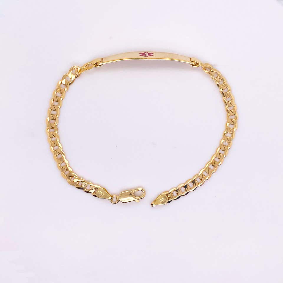 Medical Alert Bracelet 14K Yellow Gold Red Enamel Medical Caduceus